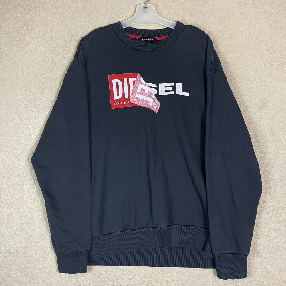 Diesel Sweatshirt Mens XL Black Oversize Logo Print Crew Neck Relaxed Pullover